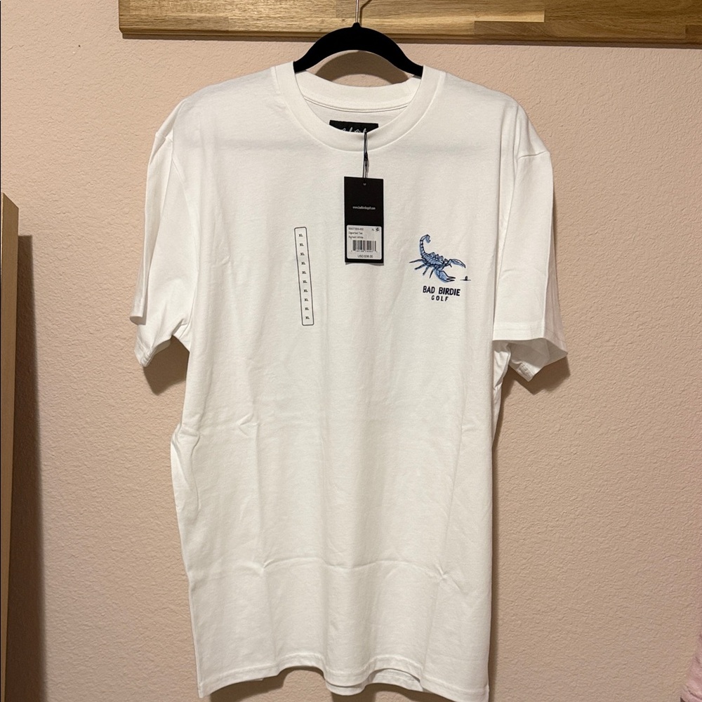 Bad Birdie White Tee with Blue Scorpion Graphic